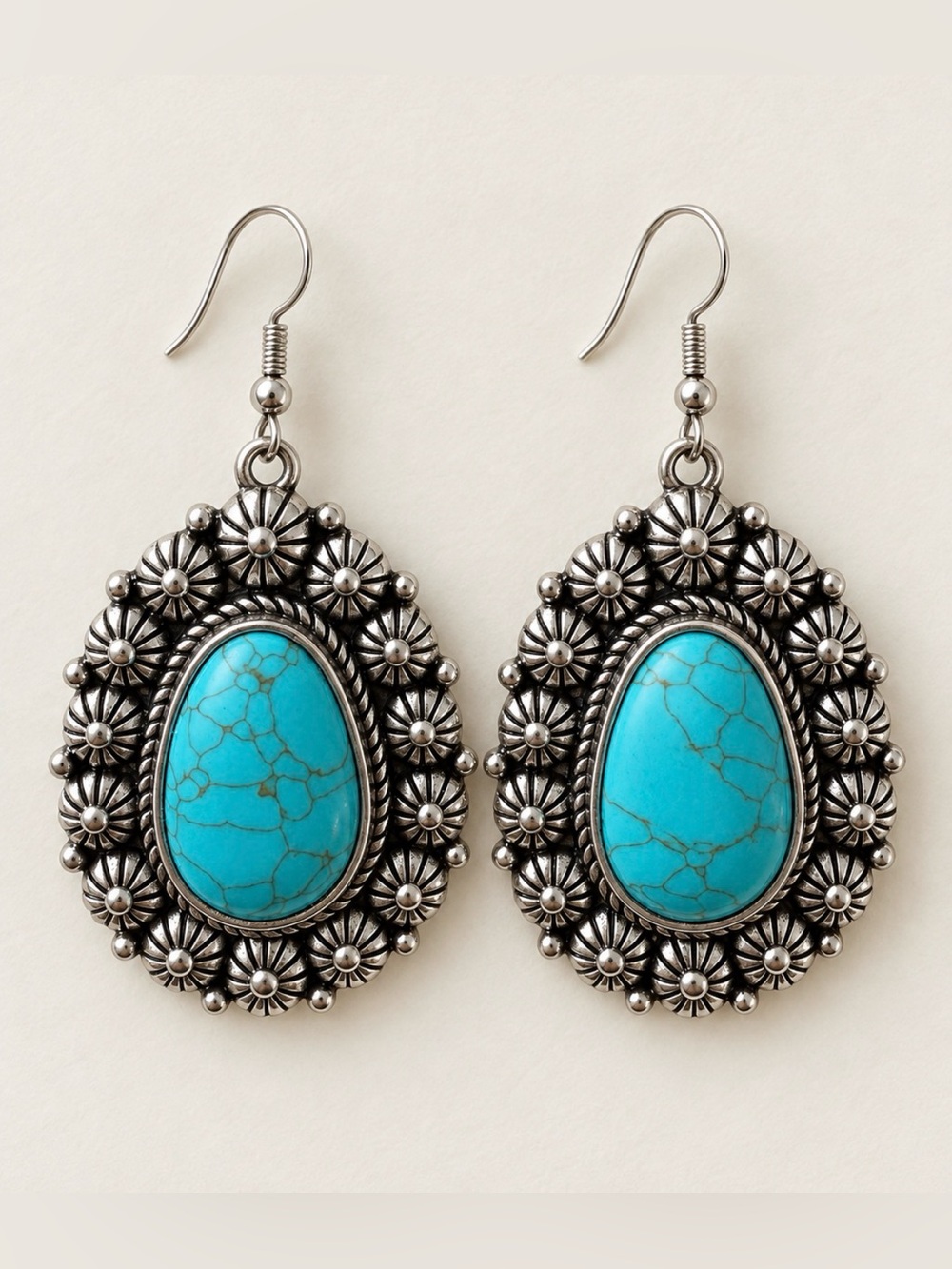 Turquoise Stone Silver Floral Drop Earrings - Unbranded